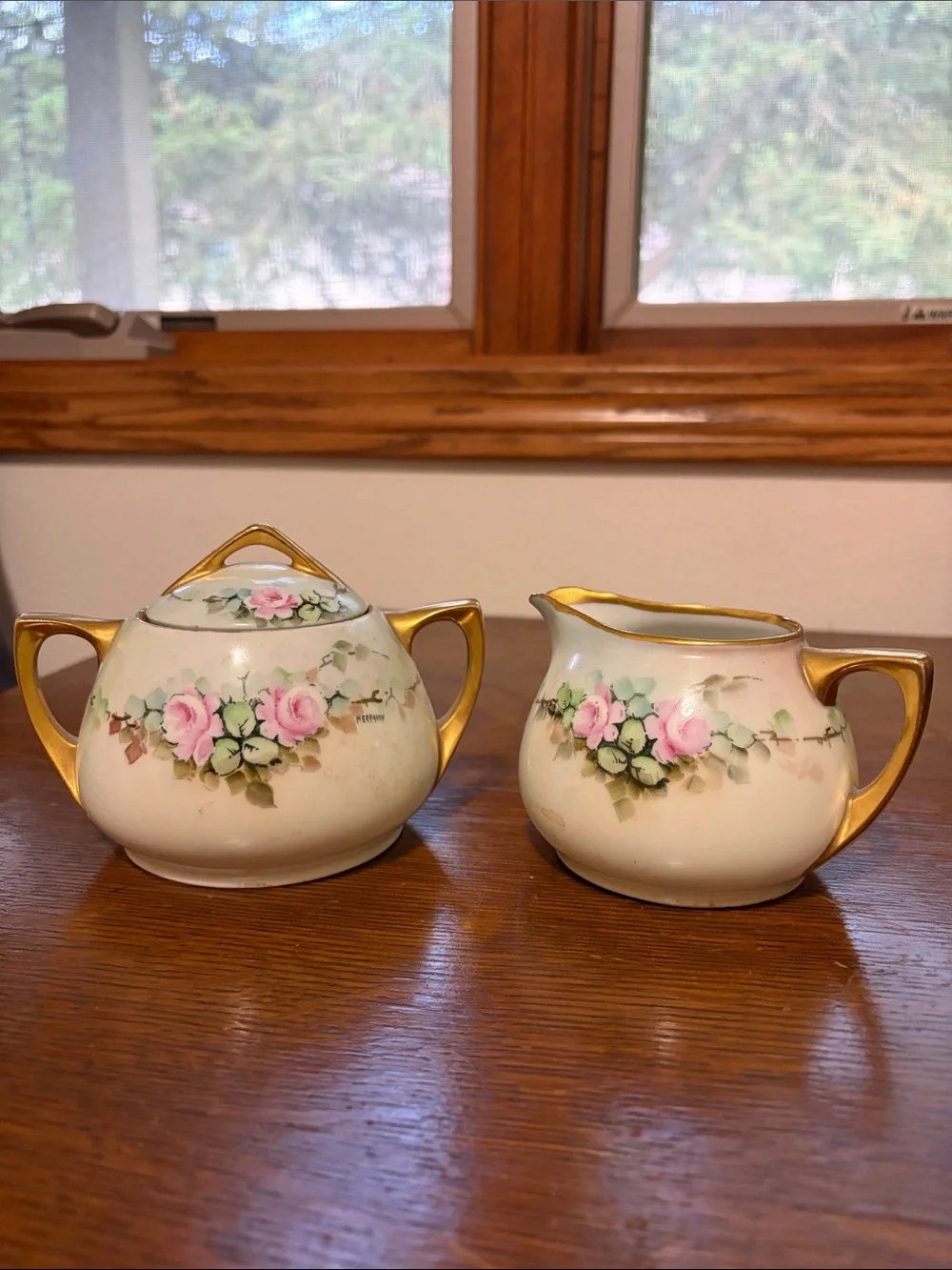 Vintage Porcelain Pink Rose Creamer and Sugar Set with Gold Trim